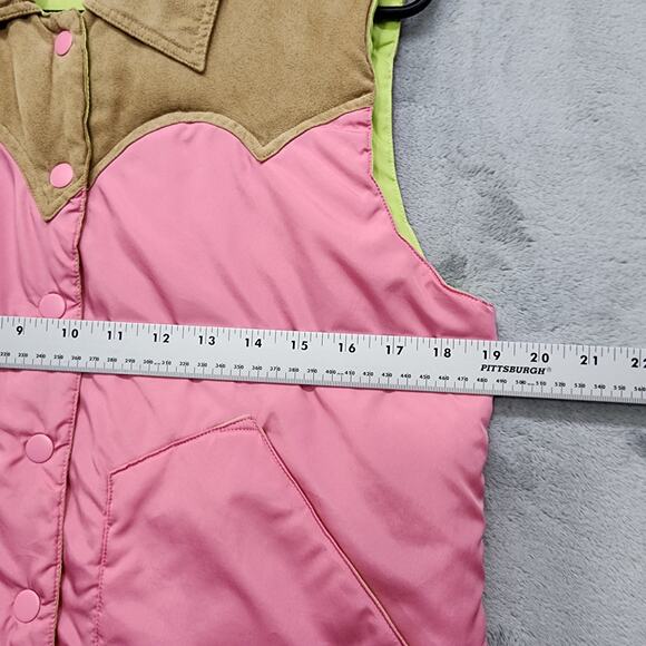 Roper Vest Womens S Pink Tan Neon Green Reversible Puffer Snap Western Retro - Picture 12 of 14